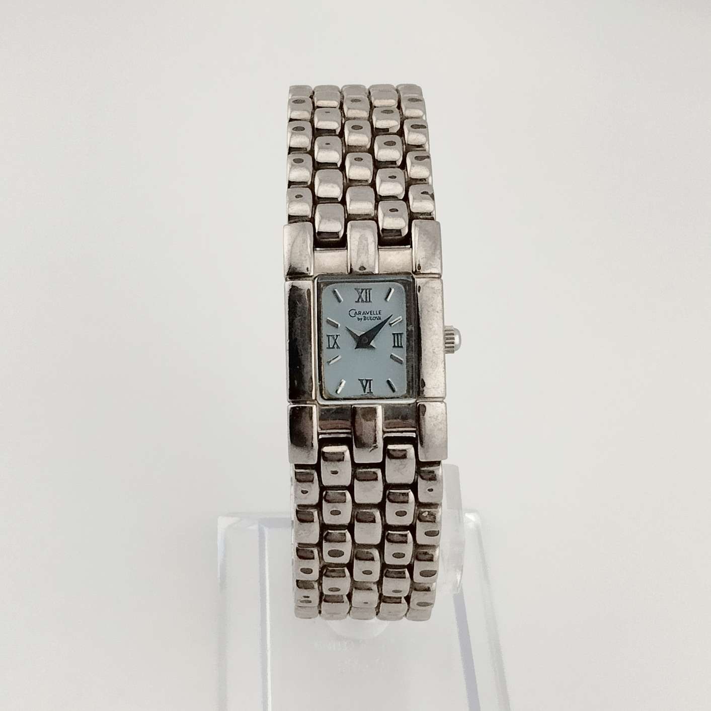 Caravelle Bulova Petite Watch, Silver Tone, Rectangular Slate Blue Dial, Bracelet Strap