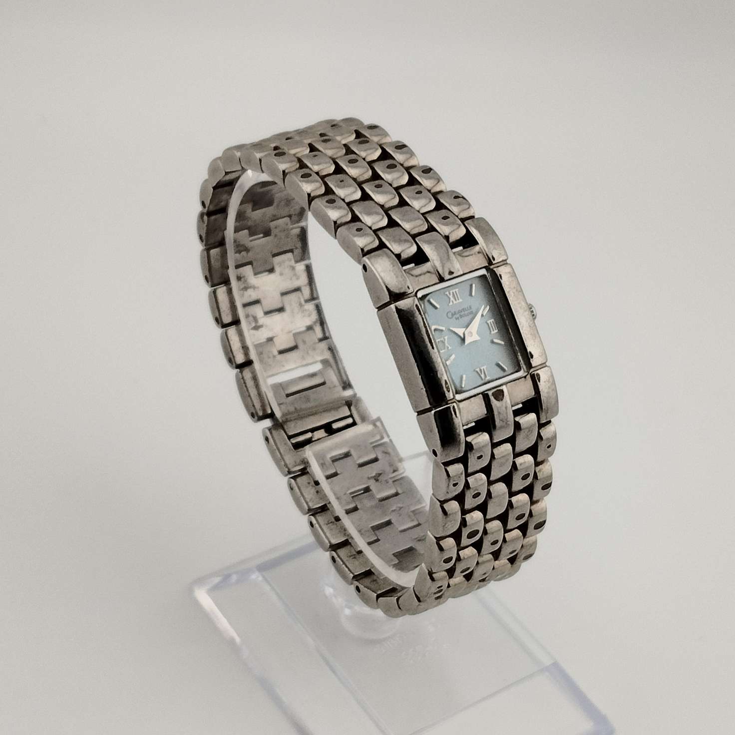 Caravelle Bulova Petite Watch, Silver Tone, Rectangular Slate Blue Dial, Bracelet Strap