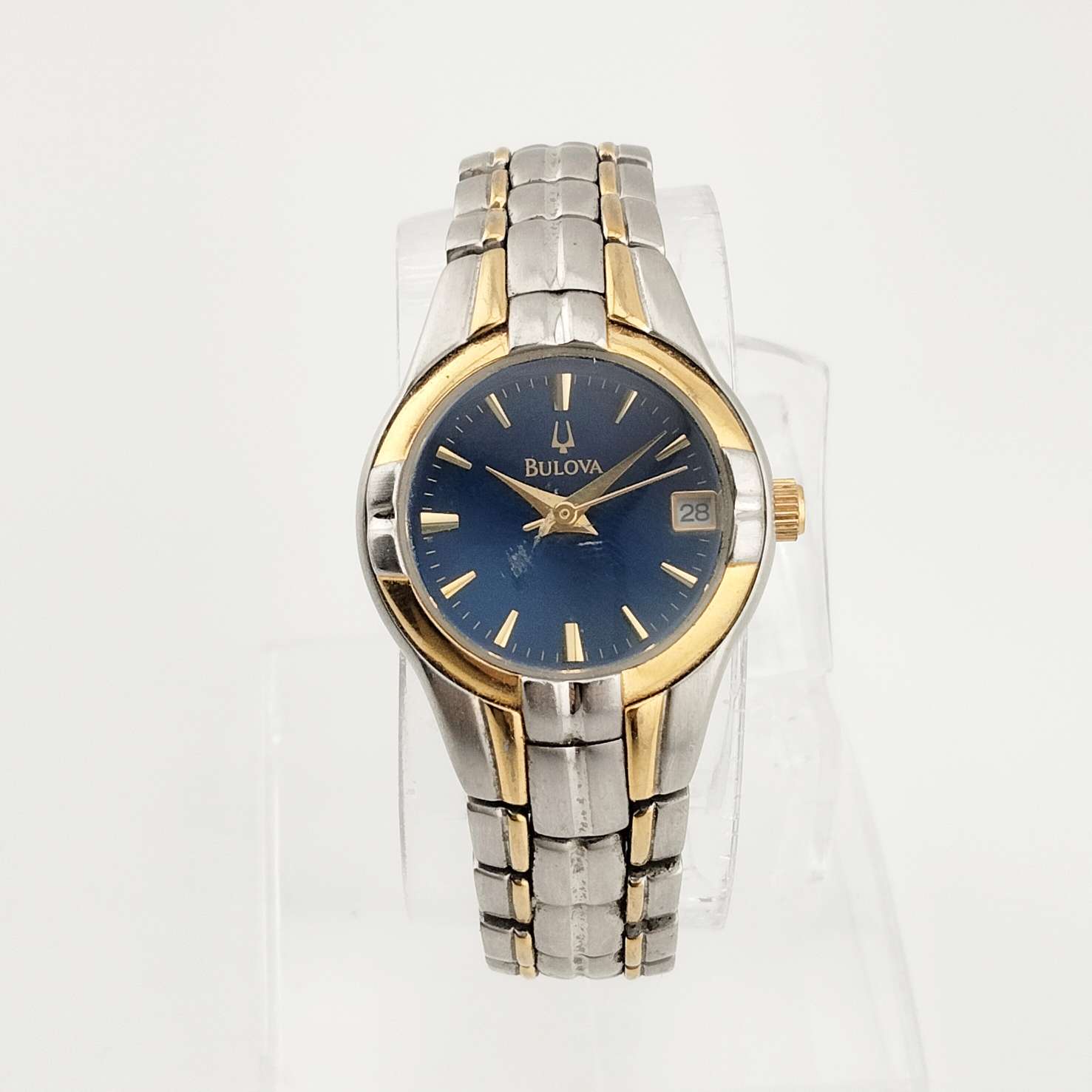 Bulova Petite Watch, Silver Tone, Circular Blue Dial, Date Window, Gold Tone Accents, Bracelet Strap