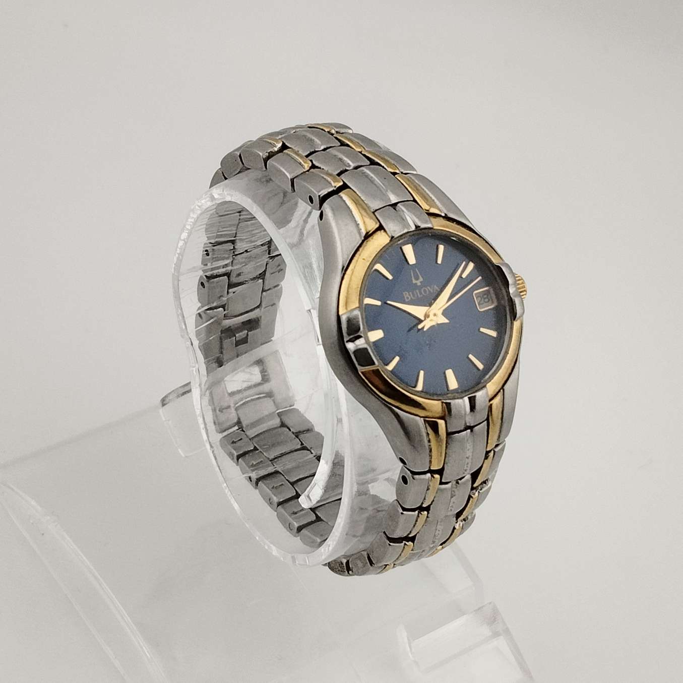 Bulova Petite Watch, Silver Tone, Circular Blue Dial, Date Window, Gold Tone Accents, Bracelet Strap