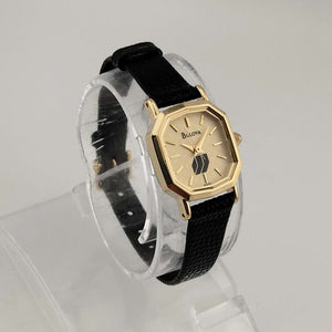 Bulova Women's Watch, Unique Gold Tone Decagon Dial, Genuine Black Leather Strap