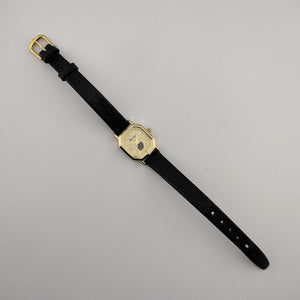 Bulova Women's Watch, Unique Gold Tone Decagon Dial, Genuine Black Leather Strap