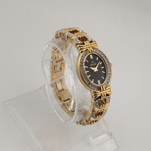 Bulova Gold Tone Women's Watch, Black Oval Dial with Jeweled Bezel, Linked Bracelet Strap