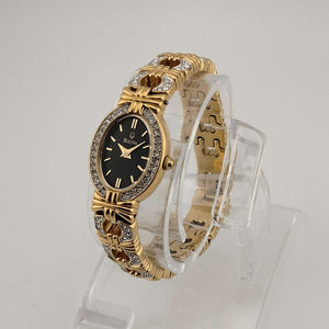 Bulova Gold Tone Women's Watch, Black Oval Dial with Jeweled Bezel, Linked Bracelet Strap