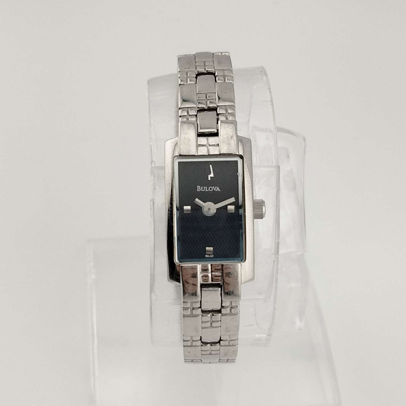 Bulova Women's Watch, Silver Tone, Black Rectangular Dial, Bracelet Strap