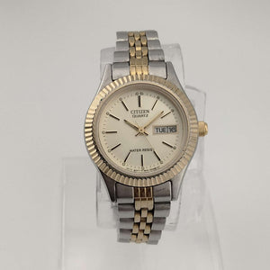 Unisex Citizen Silver Tone Watch, Round Gold Tone Dial, Date and Day, Link Strap