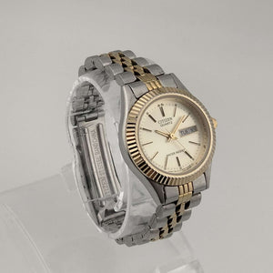 Unisex Citizen Silver Tone Watch, Round Gold Tone Dial, Date and Day, Link Strap