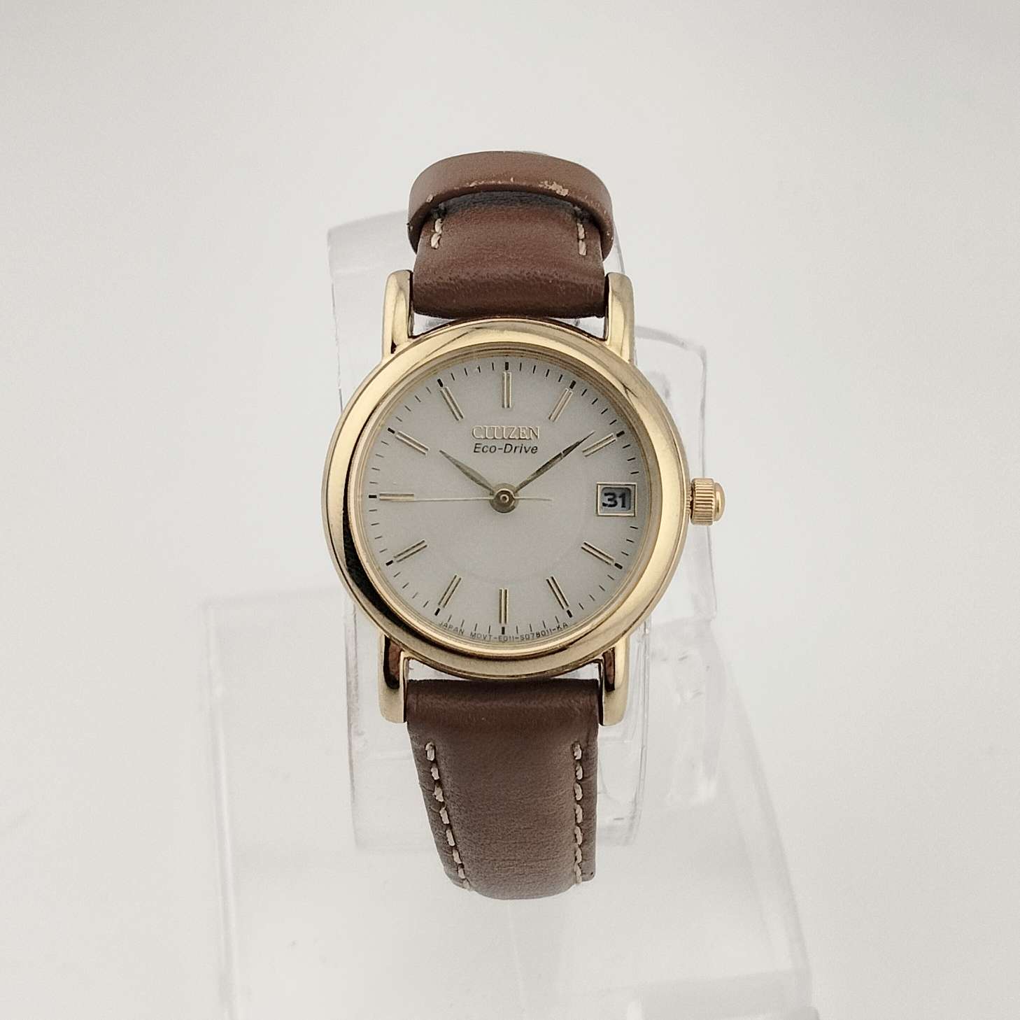 Citizen Petite "Eco-Drive" Gold Tone Watch, White Dial, Date Window, Genuine Brown Leather Strap