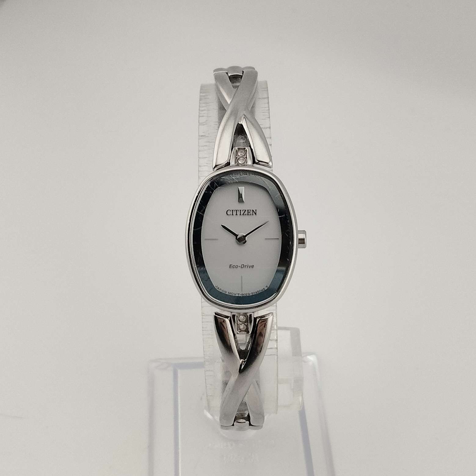 Citizen "Eco Drive" Silver Tone Watch, White Oval Dial, Link Strap