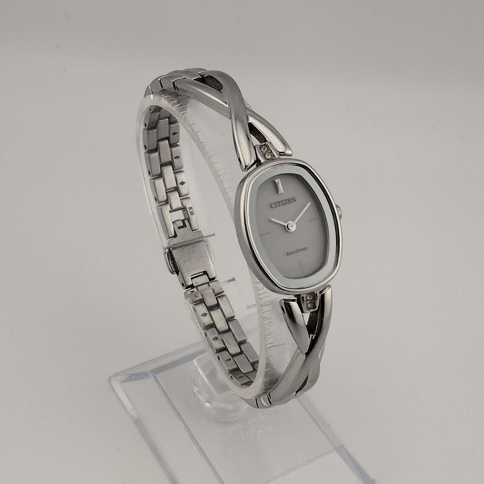 Citizen "Eco Drive" Silver Tone Watch, White Oval Dial, Link Strap