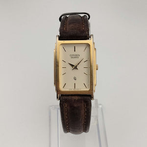 Citizen Quartz Gold Tone Watch, Rectangular Dial, Brown Leather Strap