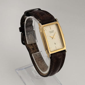 Citizen Quartz Gold Tone Watch, Rectangular Dial, Brown Leather Strap