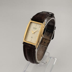 Citizen Quartz Gold Tone Watch, Rectangular Dial, Brown Leather Strap