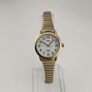 Timex Unisex Gold Tone Watch, Circular White Dial, Date Window, Stretch Strap