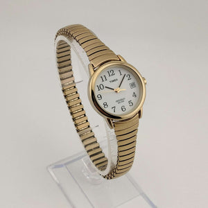 Timex Unisex Gold Tone Watch, Circular White Dial, Date Window, Stretch Strap