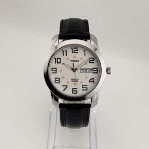 Timex Men's Silver Tone Watch, Date and Day Window, Genuine Black Leather Strap