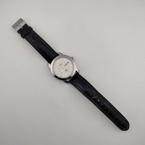 Timex Men's Silver Tone Watch, Date and Day Window, Genuine Black Leather Strap