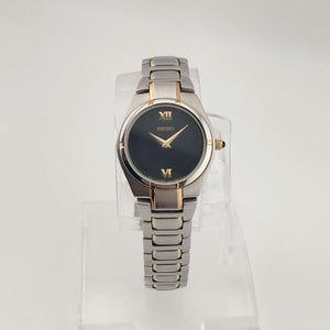 Seiko Petite Silver Tone Watch, Gold Tone Details, Black Dial, Bracelet Strap