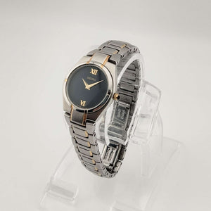 Seiko Petite Silver Tone Watch, Gold Tone Details, Black Dial, Bracelet Strap