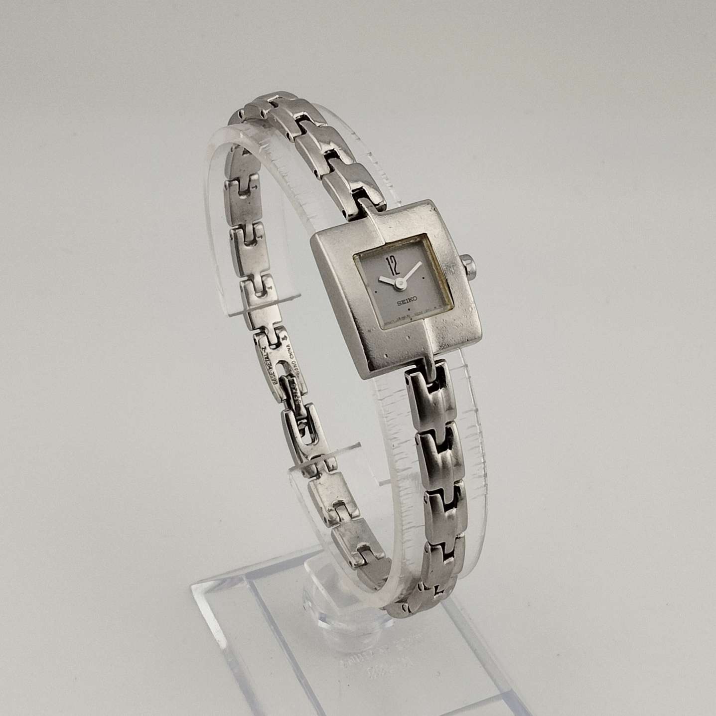 Seiko Unisex Silver Tone Watch, Unique Square Dial, Link Bracelet Strap