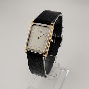 Seiko Unisex Watch, Silver and Gold Tone Details, Rectangular Tank Style Dial, Genuine Crocodile Strap