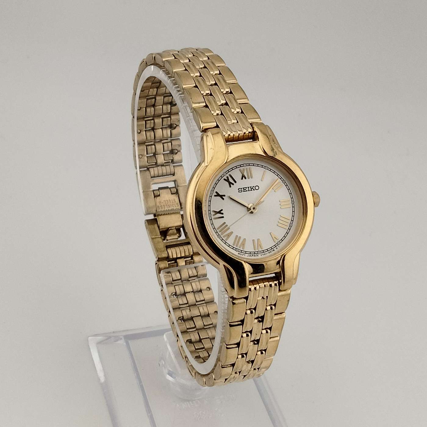 Seiko Unisex Gold Tone Watch, White Circular Dial, Bracelet Strap