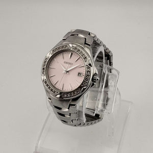 Seiko Women's Silver Tone Watch, Circular Pink Dial, Date Window, Bracelet Strap