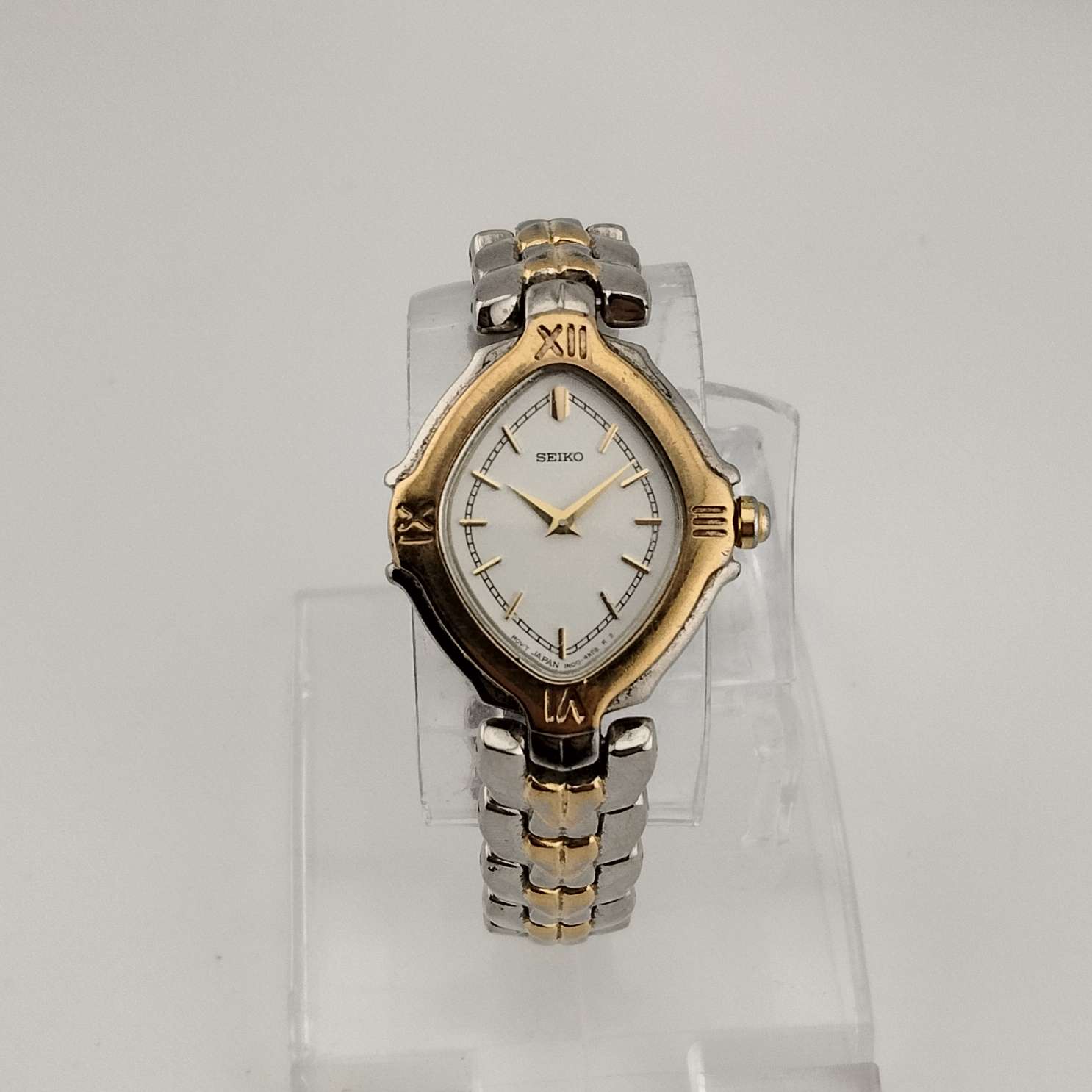 Seiko Unisex Gold and Silver Tone Watch, Unique White Diamond Shaped Dial, Bracelet Strap