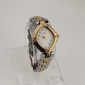 Seiko Unisex Gold and Silver Tone Watch, Unique White Diamond Shaped Dial, Mixed Metals, Bracelet Strap