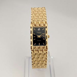 Bulova Gold Tone Unisex Watch, Black Rectangular Dial, Jewel Detail, Bracelet Strap