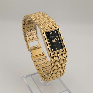 Bulova Gold Tone Unisex Watch, Black Rectangular Dial, Jewel Detail, Bracelet Strap