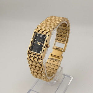 Bulova Gold Tone Unisex Watch, Black Rectangular Dial, Jewel Detail, Bracelet Strap