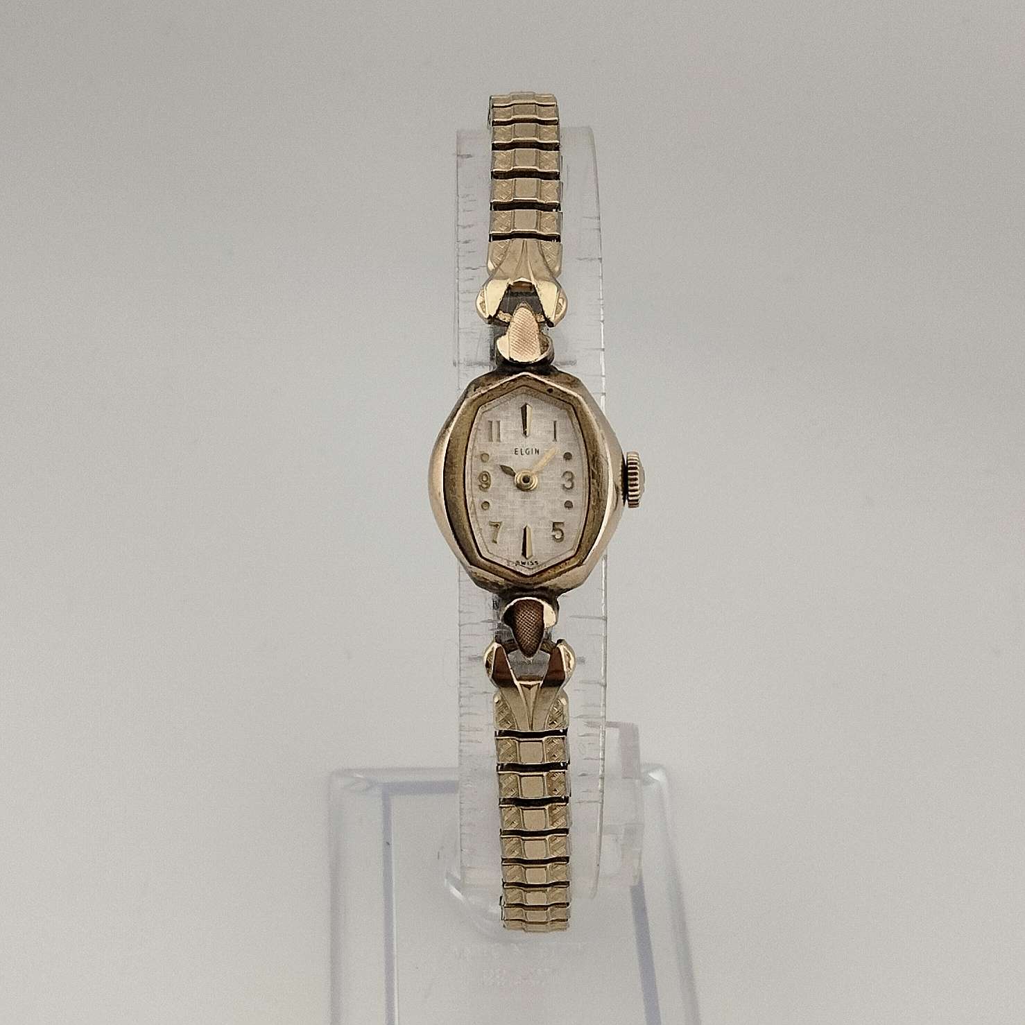 Elgin Ladies Gold Tone Watch, Unique Polygonal White Oval Dial, Stretch Strap