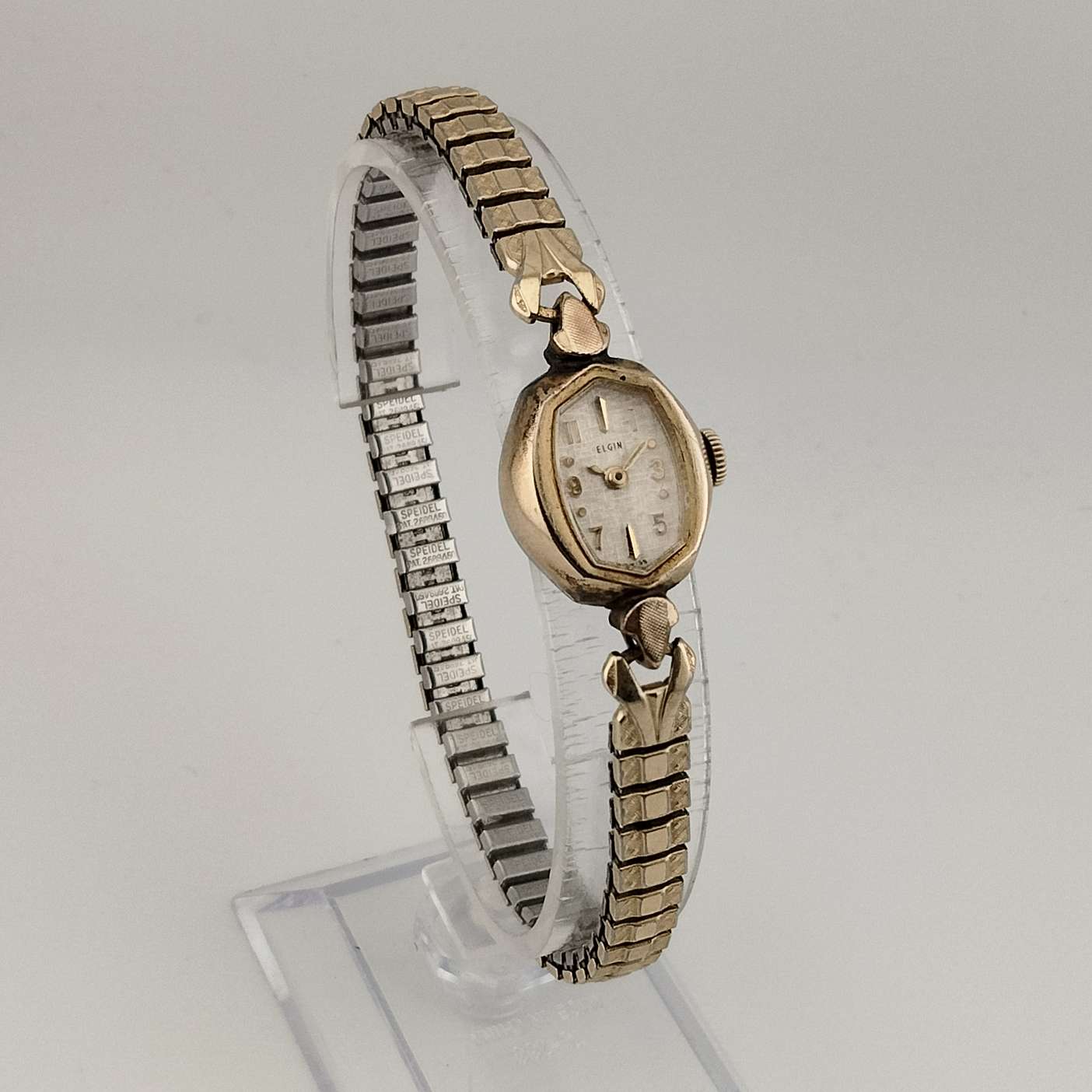 Elgin Ladies Gold Tone Watch, Unique Polygonal White Oval Dial, Stretch Strap