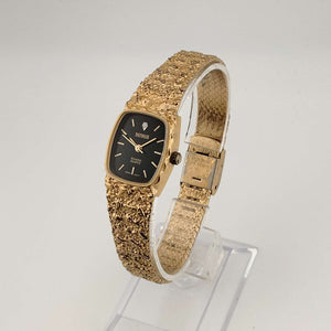 Benrus Unisex Gold Tone Quartz Watch, Rectangular Black Dial, Adjustable Bracelet Strap