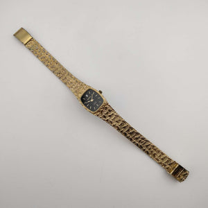 Benrus Unisex Gold Tone Quartz Watch, Rectangular Black Dial, Adjustable Bracelet Strap