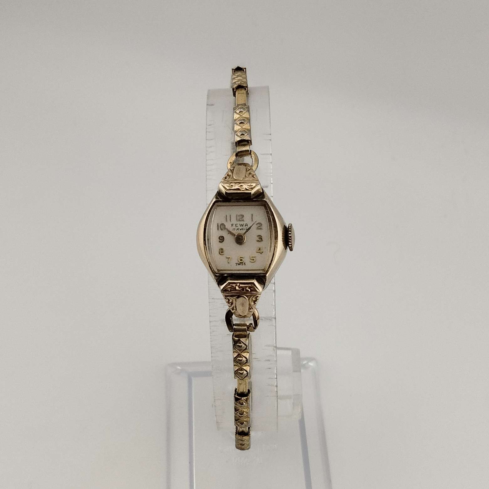 Fewa Petite Gold Tone Watch, Unique Square Dial with Rounded Sides, Stretch Strap