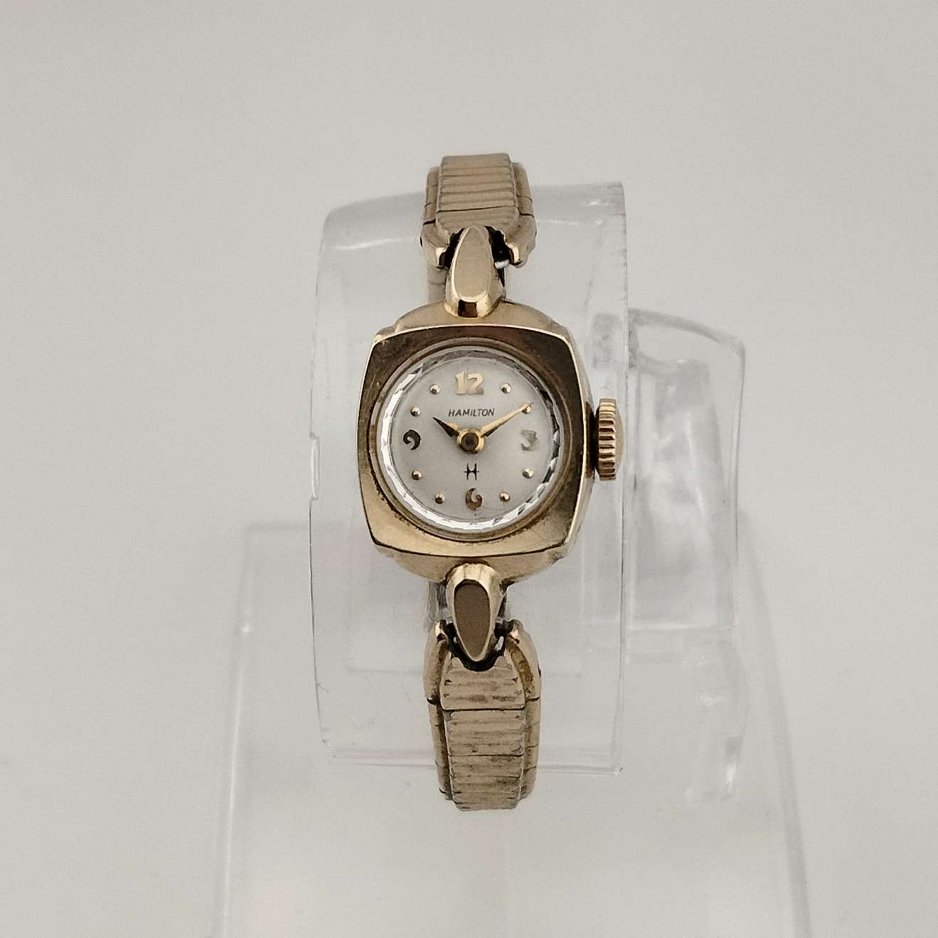 Hamilton Petite Gold Tone Watch, Circular Dial with Square Bezel, Bracelet Strap