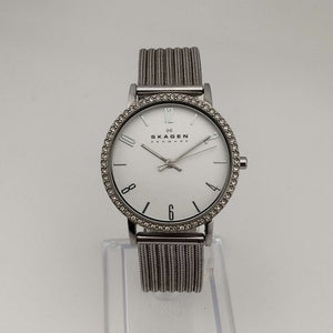 Skagen Women's Silver Tone Watch, Round Dial, Bejeweled Bezel, Adjustable Mesh Strap