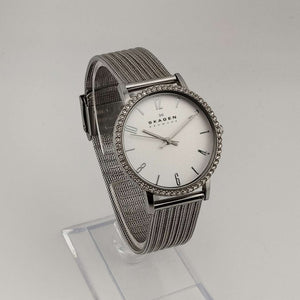 Skagen Women's Silver Tone Watch, Round Dial, Bejeweled Bezel, Adjustable Mesh Strap