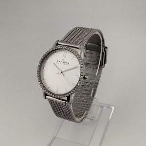 Skagen Women's Silver Tone Watch, Round Dial, Bejeweled Bezel, Adjustable Mesh Strap