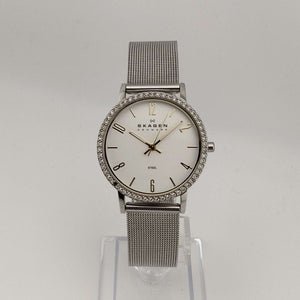 Skagen Women's Silver Tone Watch, Round Dial, Bejeweled Bezel, Adjustable Mesh Strap