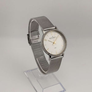 Skagen Women's Silver Tone Watch, Round Dial, Bejeweled Bezel, Adjustable Mesh Strap