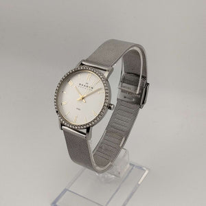 Skagen Women's Silver Tone Watch, Round Dial, Bejeweled Bezel, Adjustable Mesh Strap