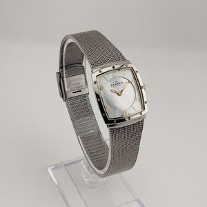 Skagen Women's Silver Tone Watch, Rectangular Mother of Pearl Dial, Adjustable Mesh Strap