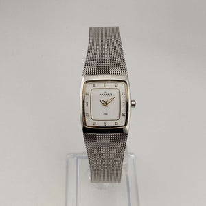 Skagen Women's Silver Tone Watch, Rectangular White Dial, Adjustable Mesh Strap