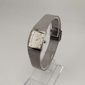 Skagen Women's Silver Tone Watch, Rectangular White Dial, Adjustable Mesh Strap