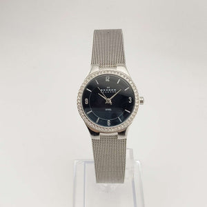 Skagen Women's Silver Tone Watch, Round Black Dial, Bejeweled Bezel, Adjustable Mesh Strap