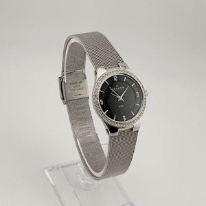 Skagen Women's Silver Tone Watch, Round Black Dial, Bejeweled Bezel, Adjustable Mesh Strap