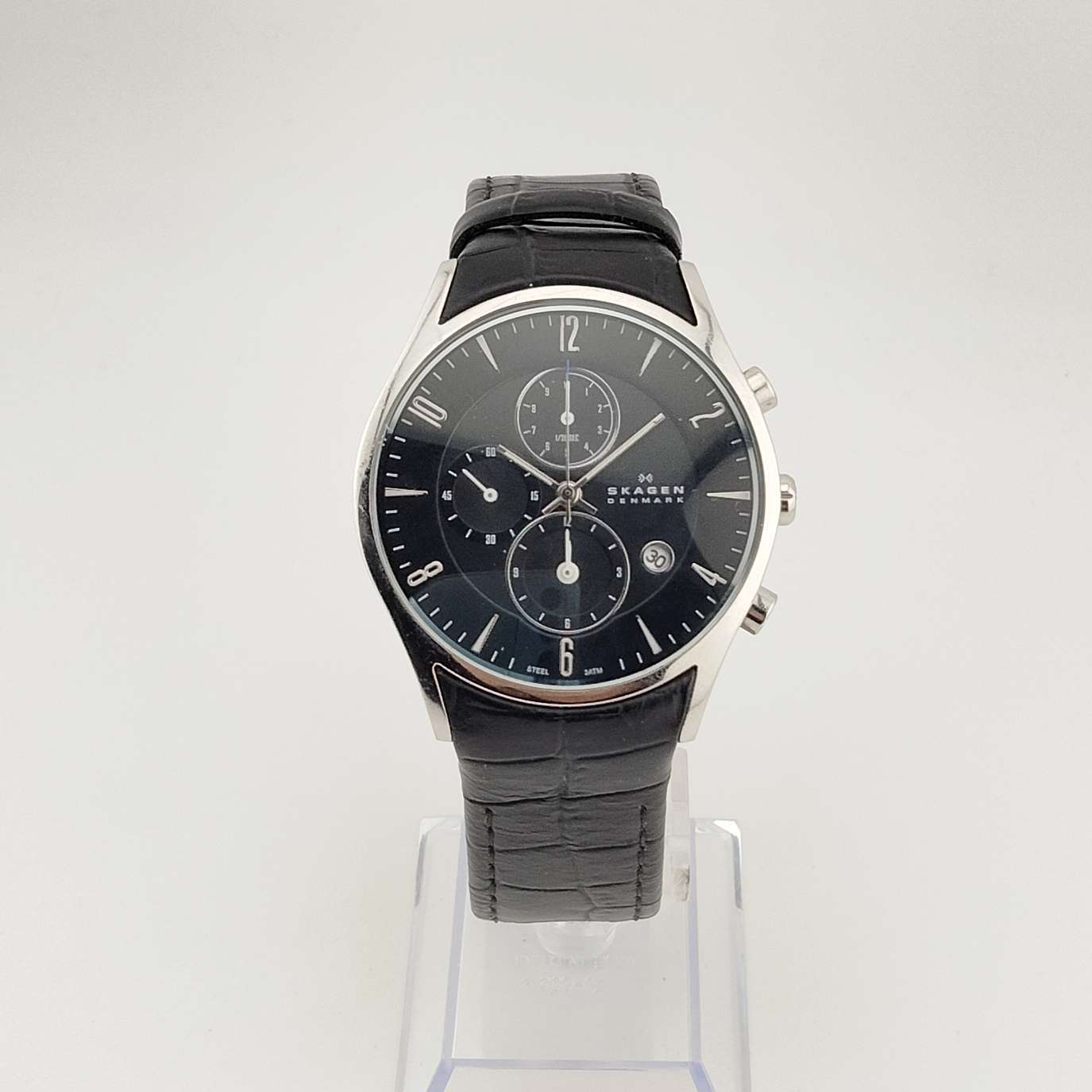 Skagen Men's Round Silver Tone Watch, Round Black Chronograph Dial, Date Window, Black Genuine Leather Strap